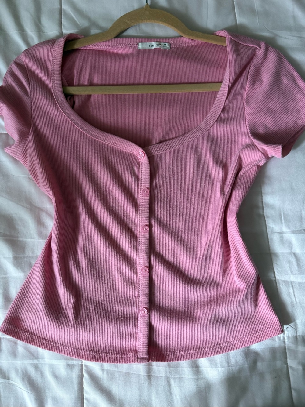Timing Pink Ribbed Button-Front Scoop Neck Top